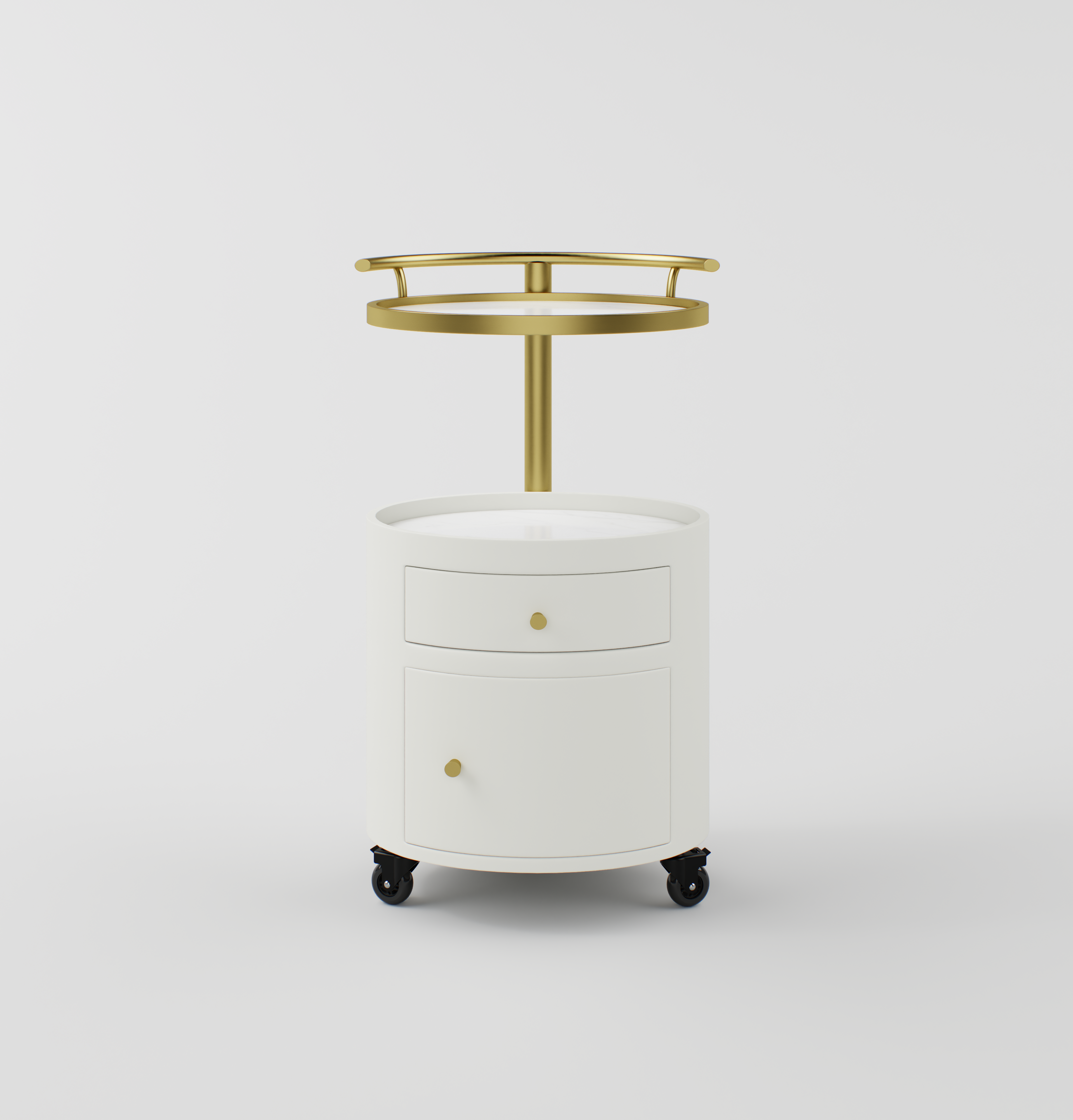 Maeva trolley featuring a gold stainless steel upper rail and modern oval shape.
