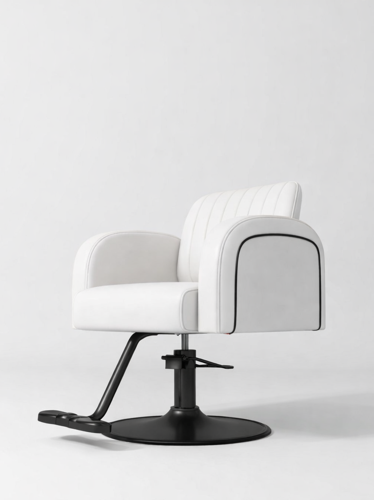 White Leather Hair Salon Chair With Black Circle Base and Footrest