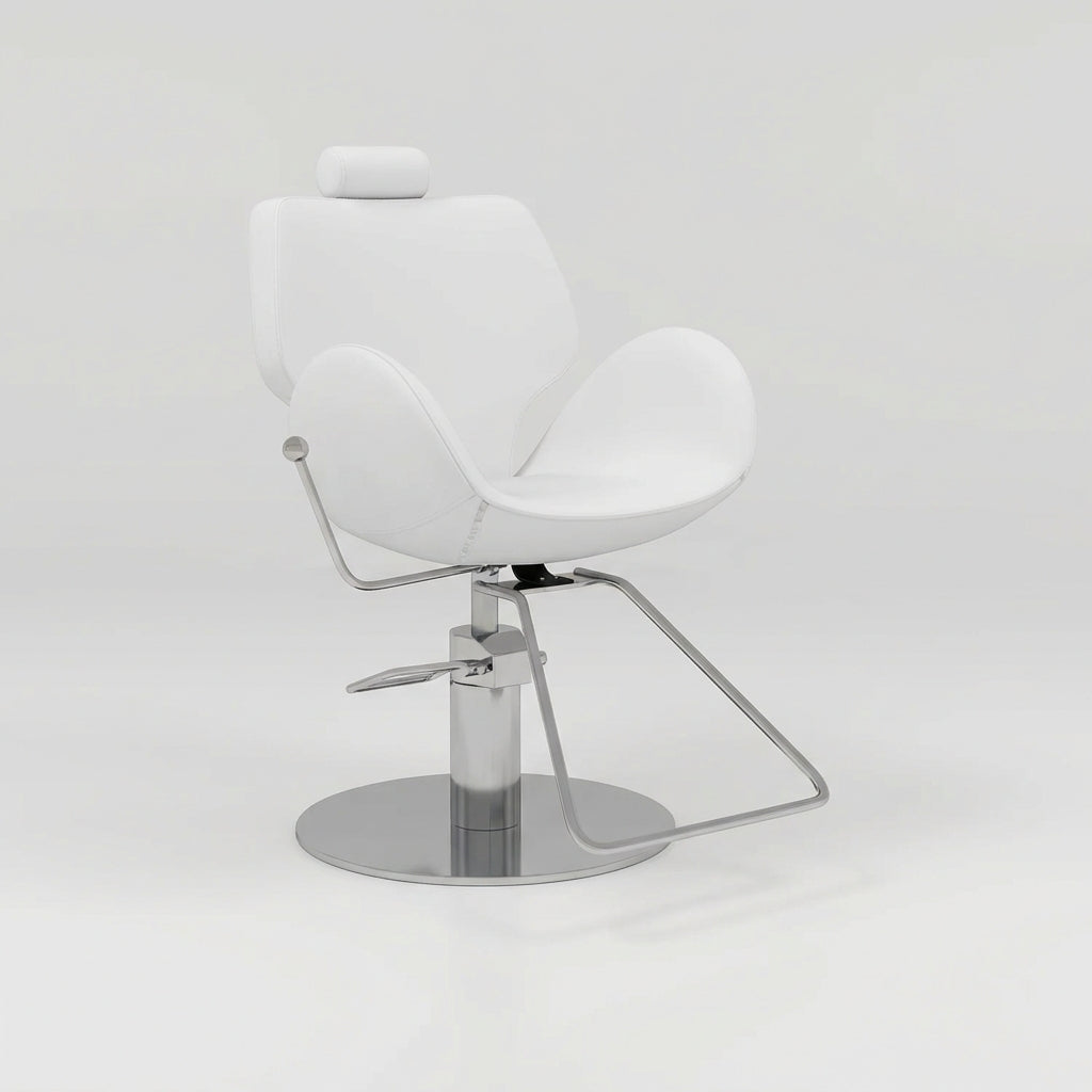 Reclining Styling Chair for Salon in White and circle silver base
