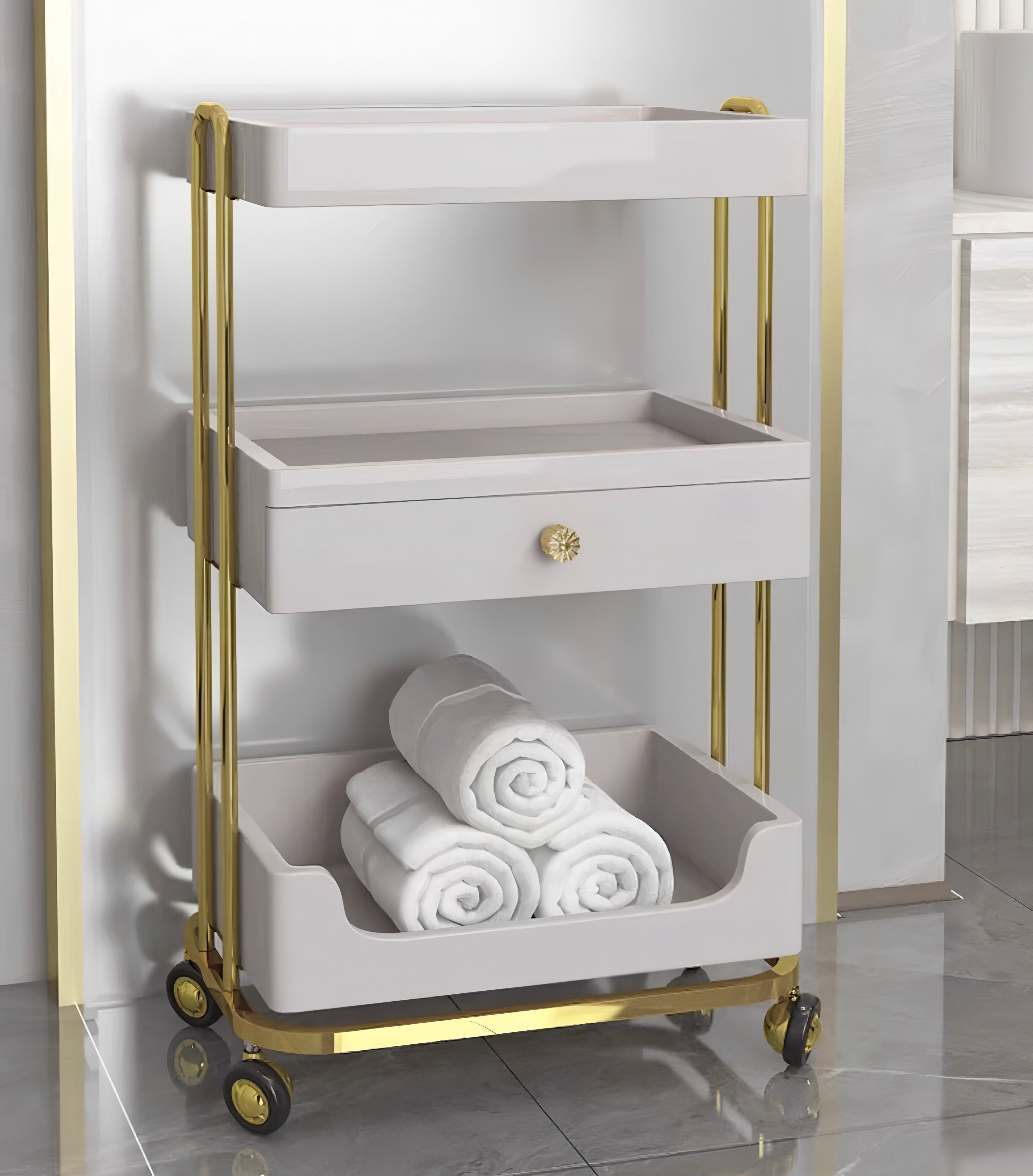 High quality salon trolley in white and gold