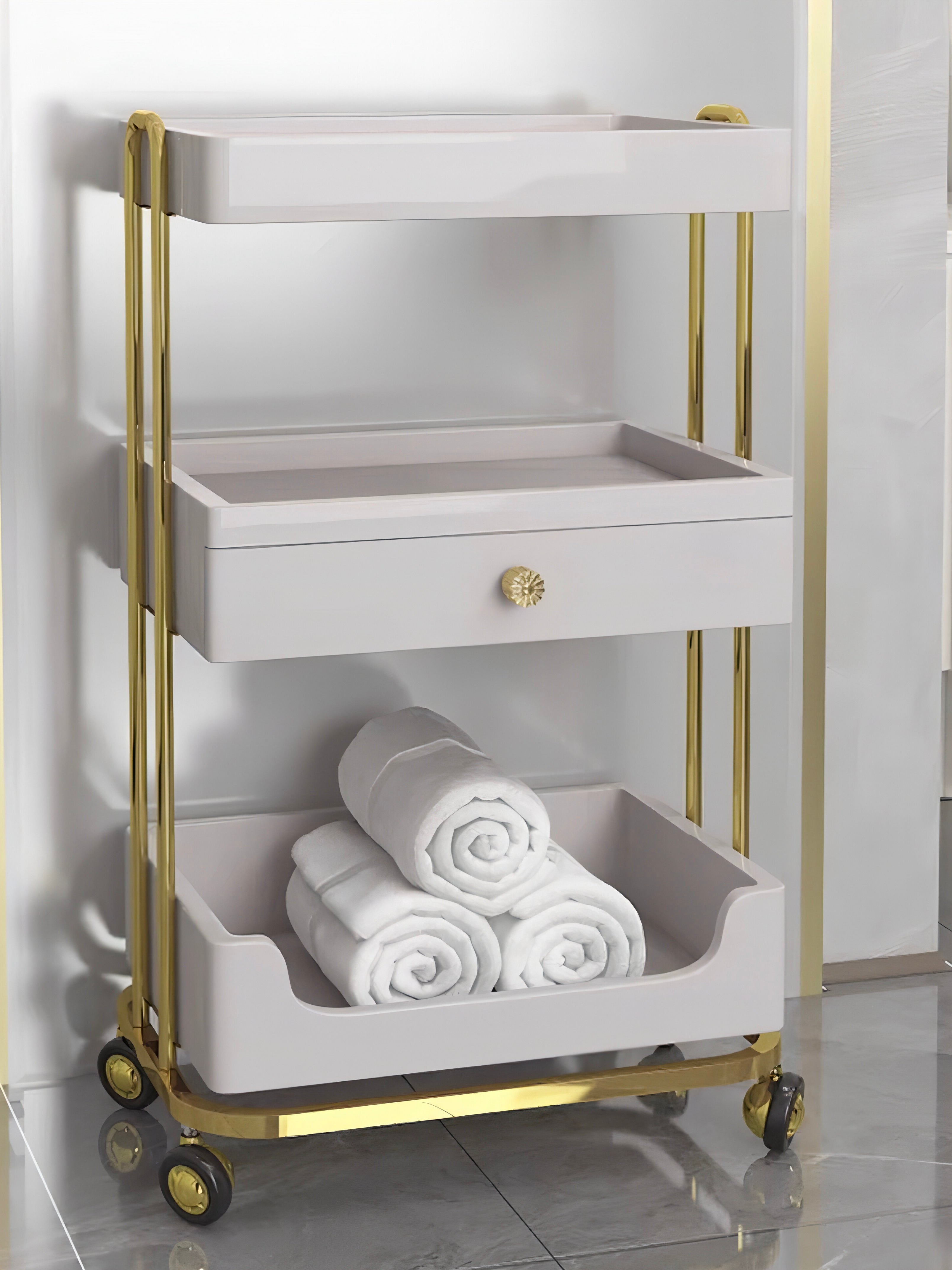 High quality salon trolley in white and gold
