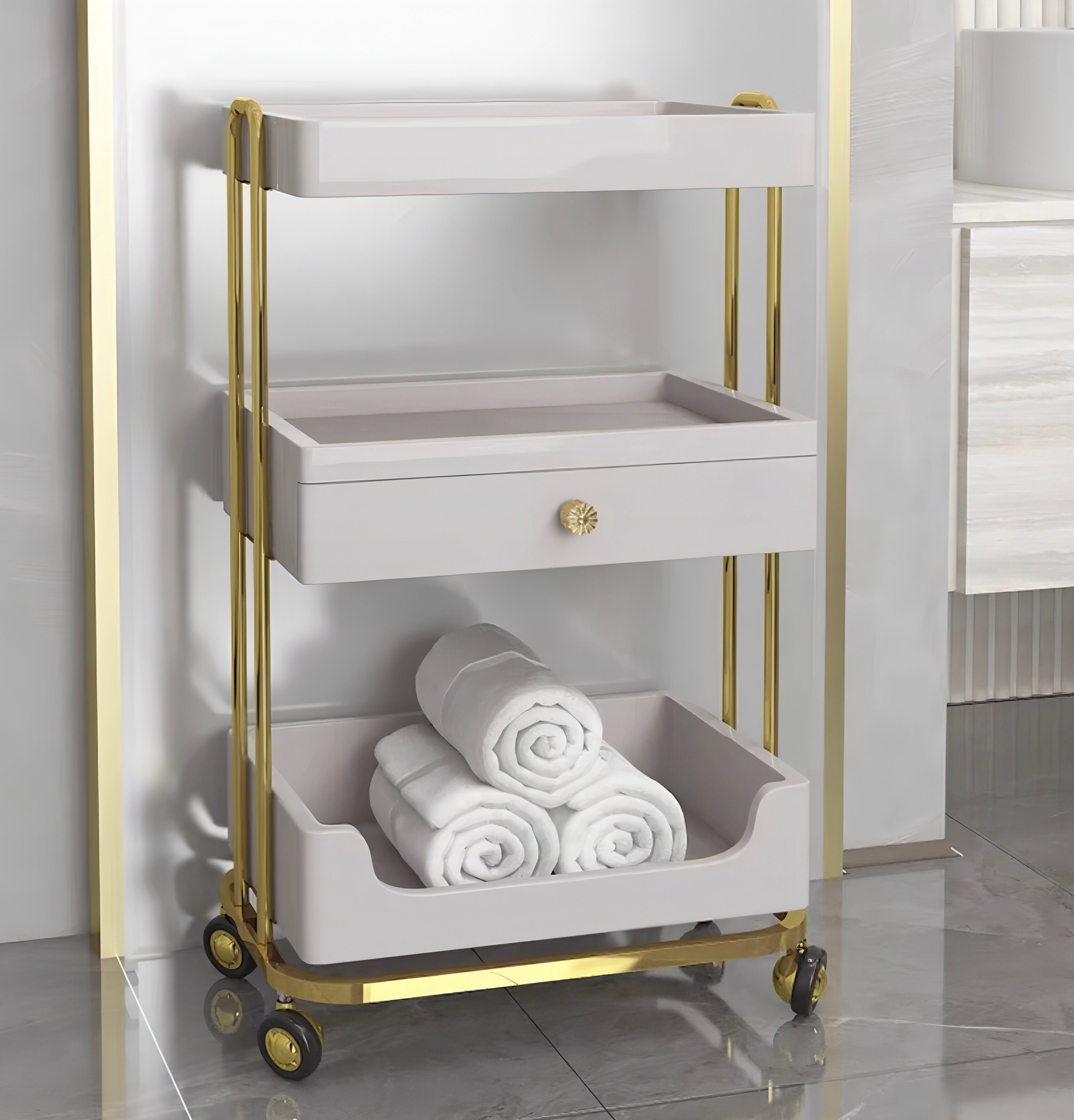 High quality salon trolley in white and gold
