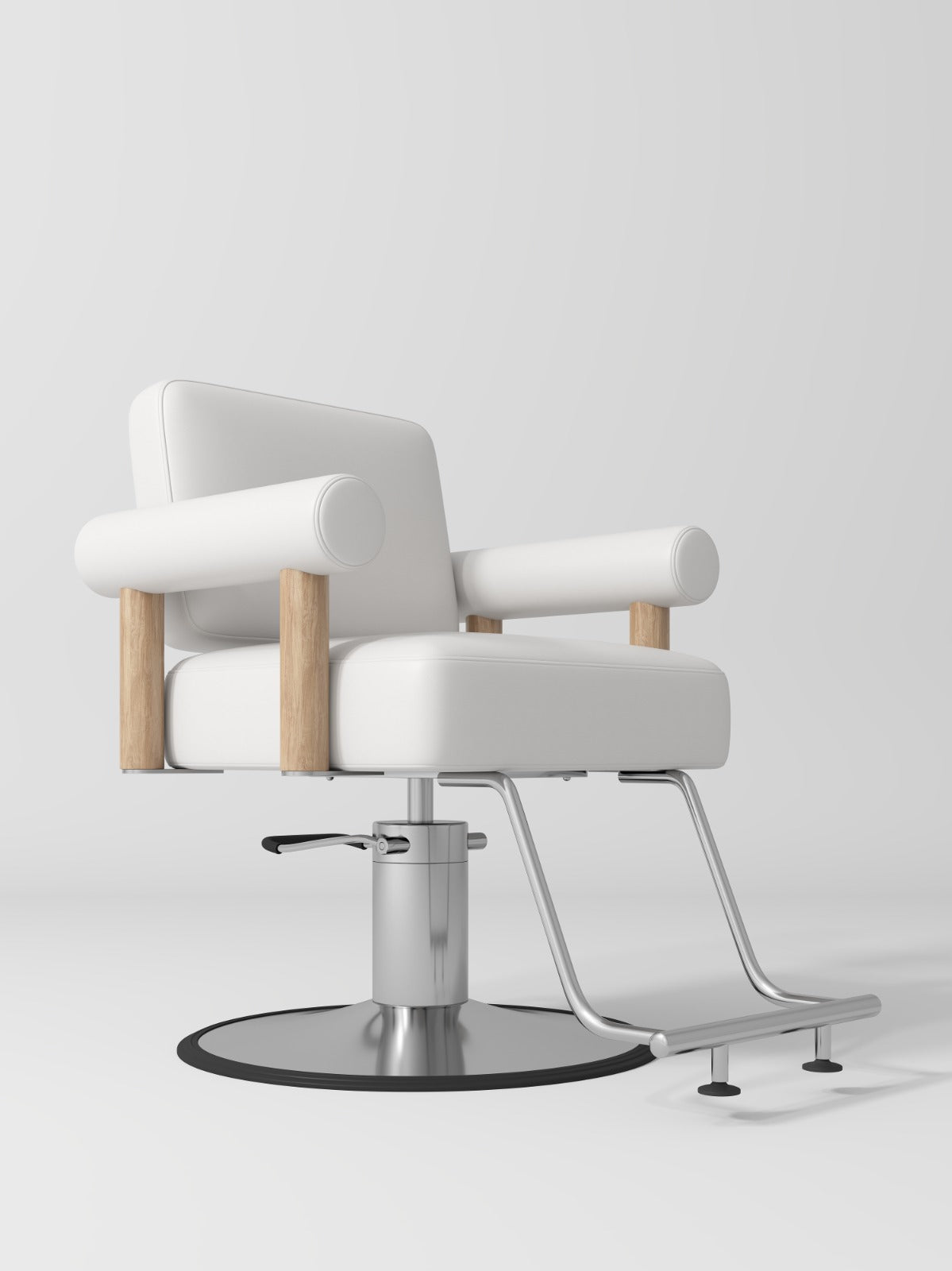 White, wood and silver hair styling chair with circle base