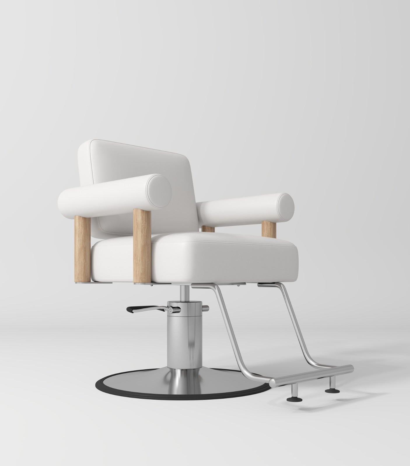 White, wood and silver hair styling chair with circle base