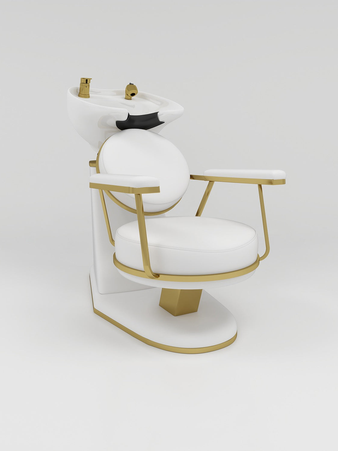 White leather hairwash station with white cermainc sink and gold accesory