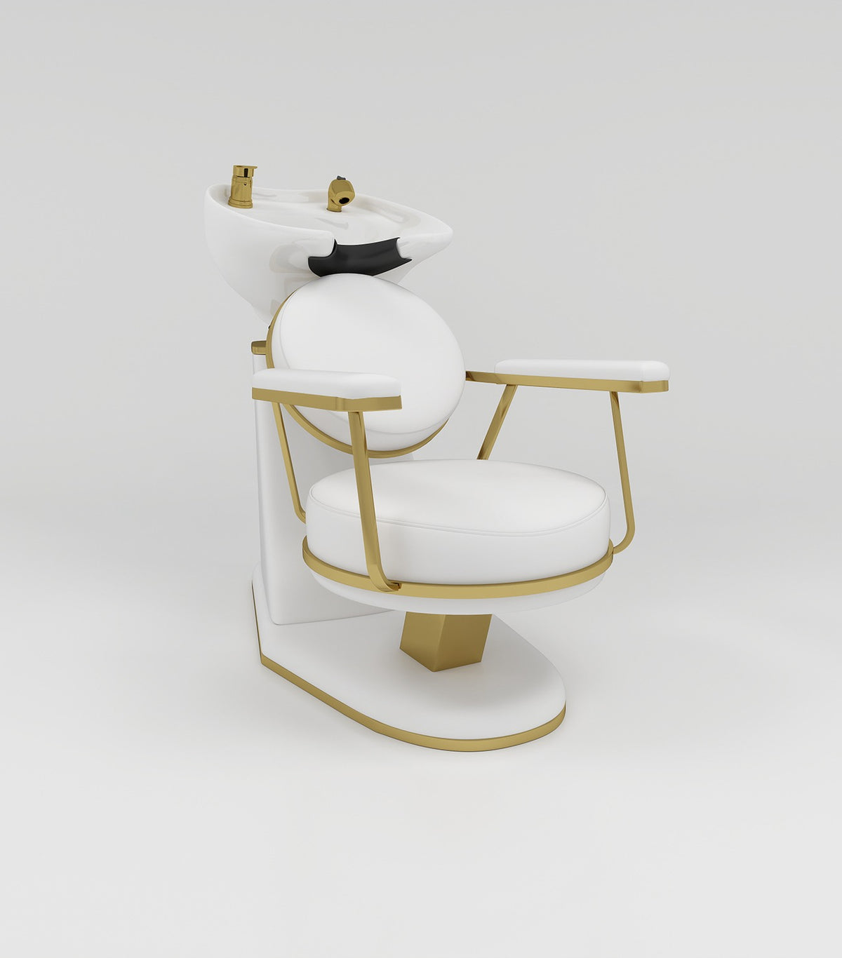 White leather hairwash station with white cermainc sink and gold accesory