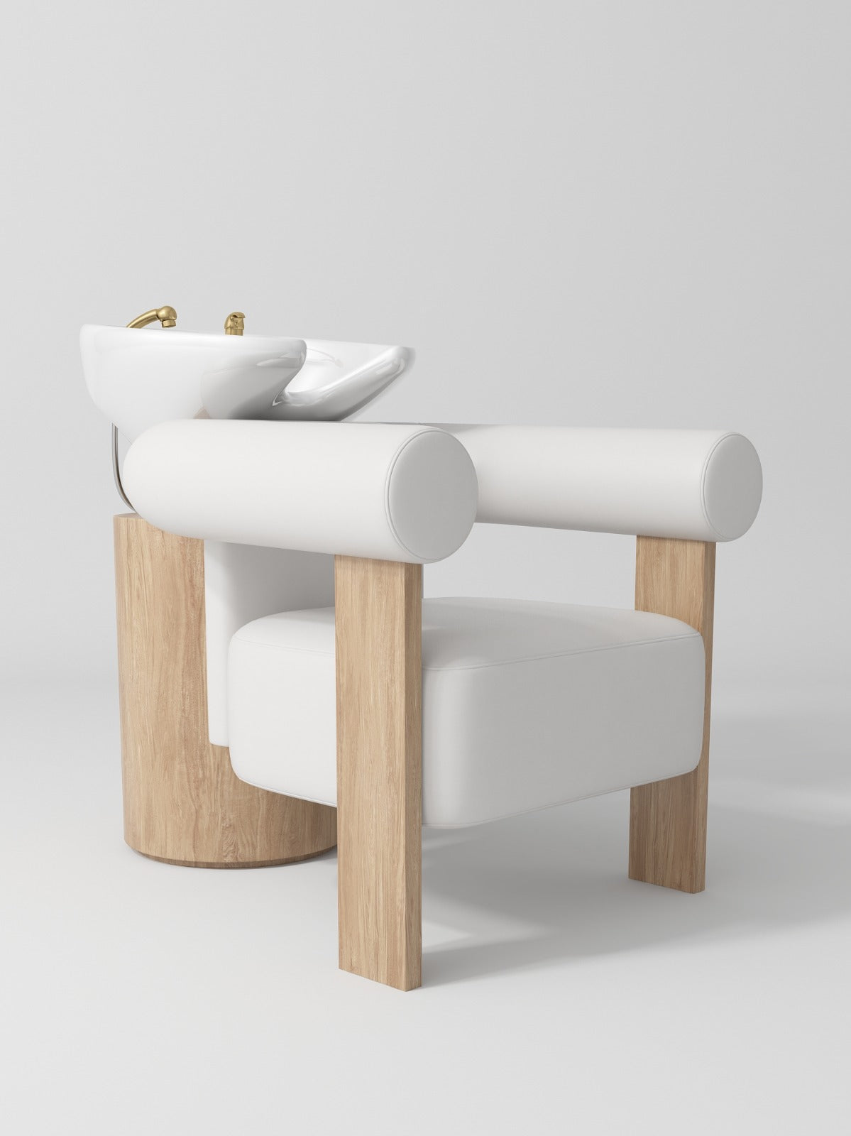 White sink back wash unit with white leather and wood legs