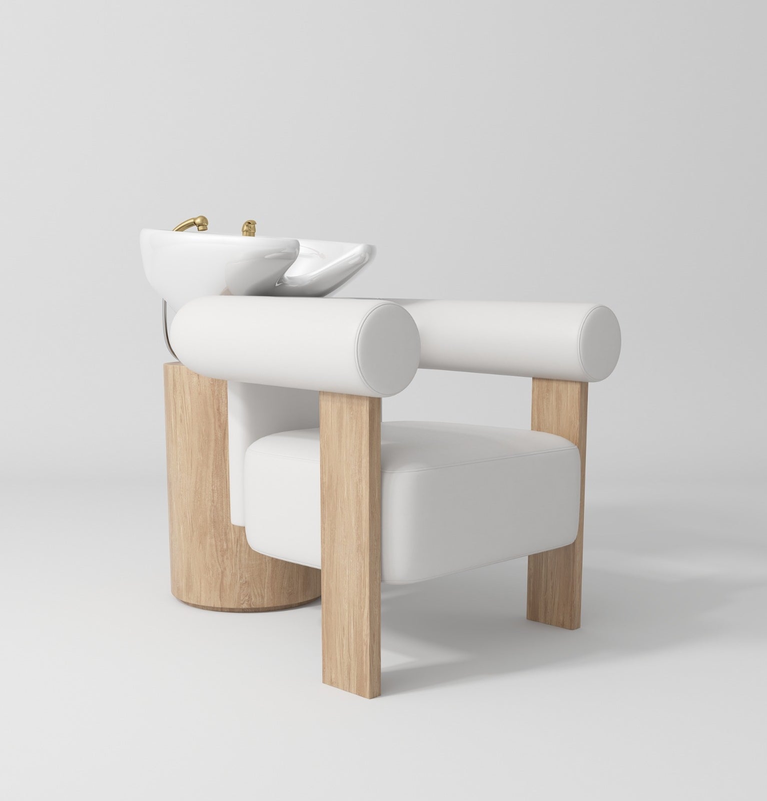 White sink back wash unit with white leather and wood legs