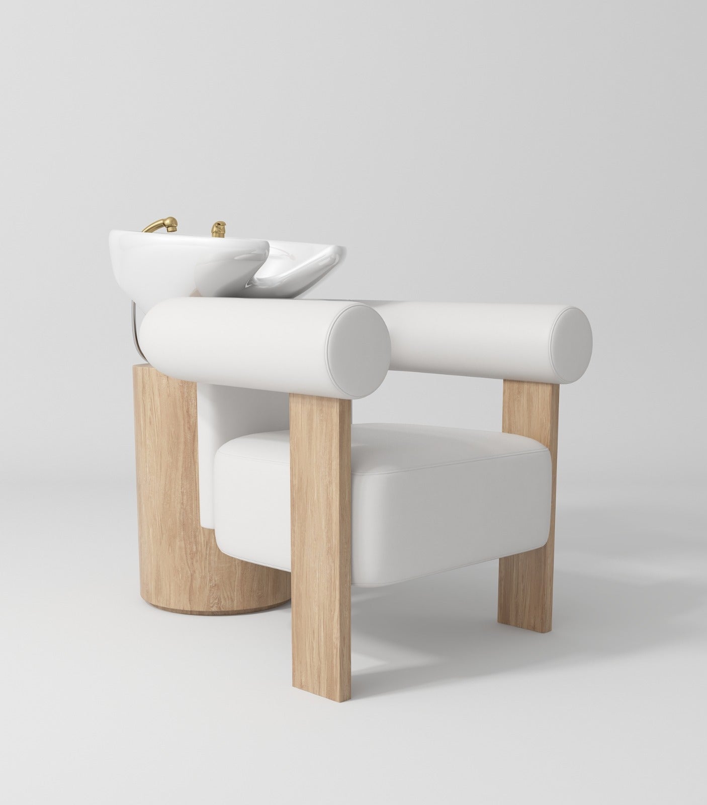 White sink back wash unit with white leather and wood legs