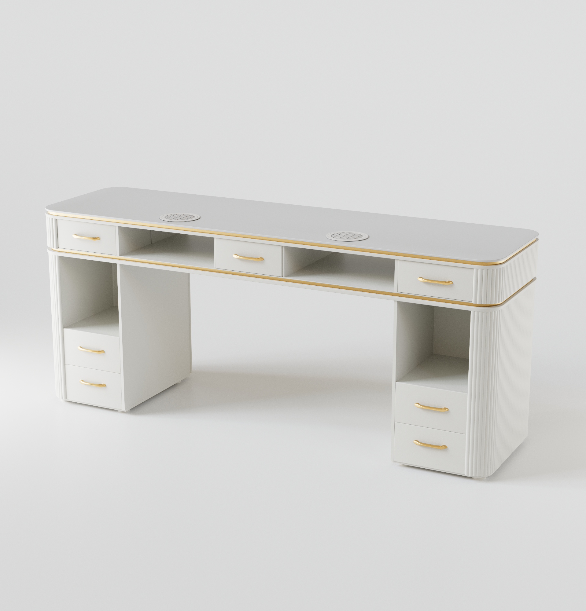 Double white luxury nail desk for two people.