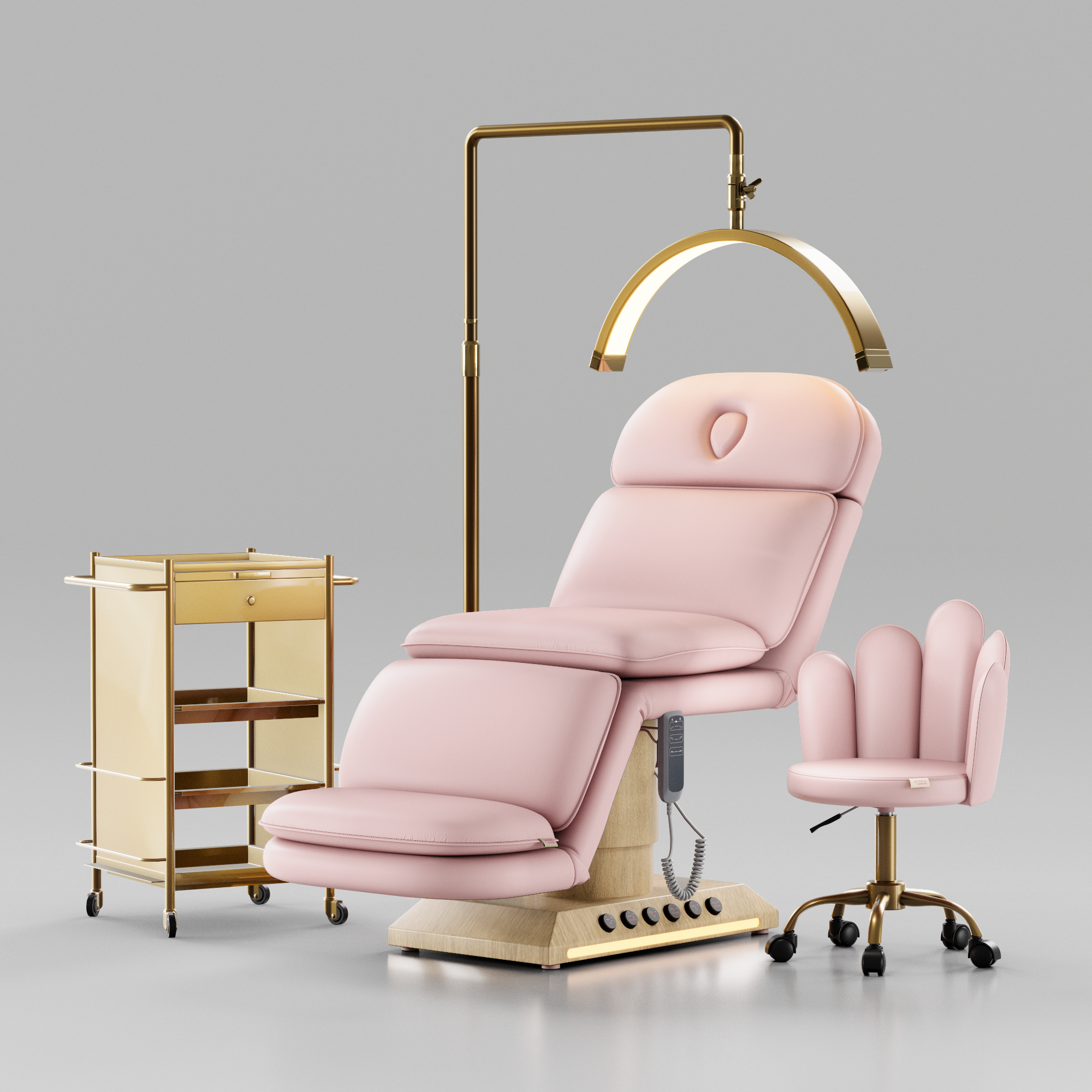 A baby pink luxury massage bed set and oak base including a trolley, stool and moonlight.