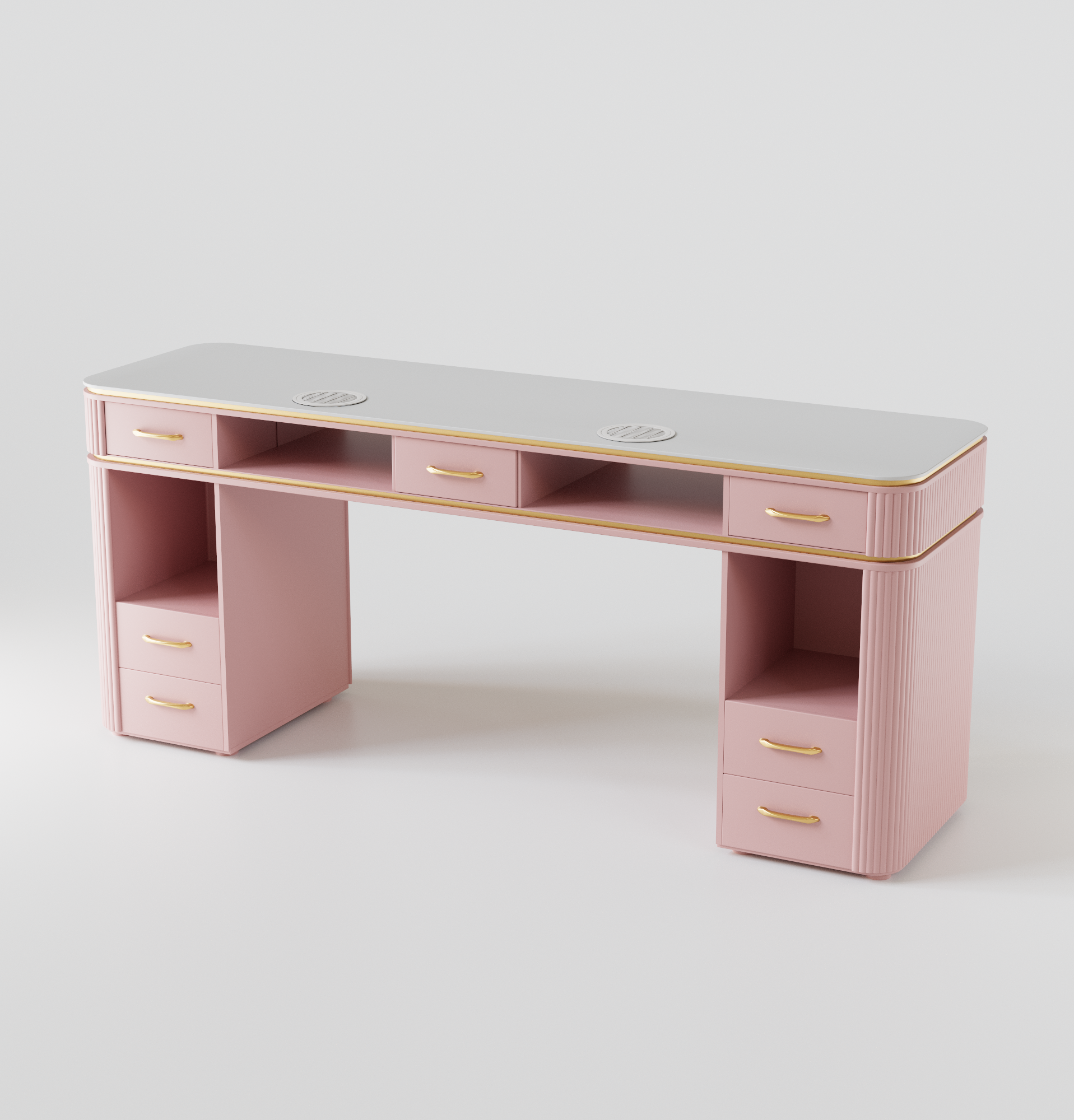 A luxury pink modern nail desk with gold handles