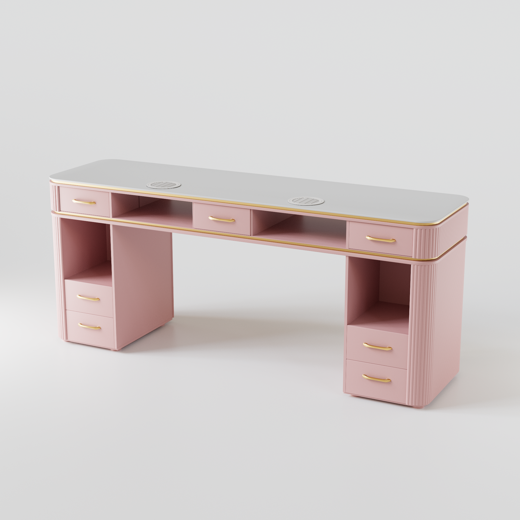 A luxury pink modern nail desk with gold handles