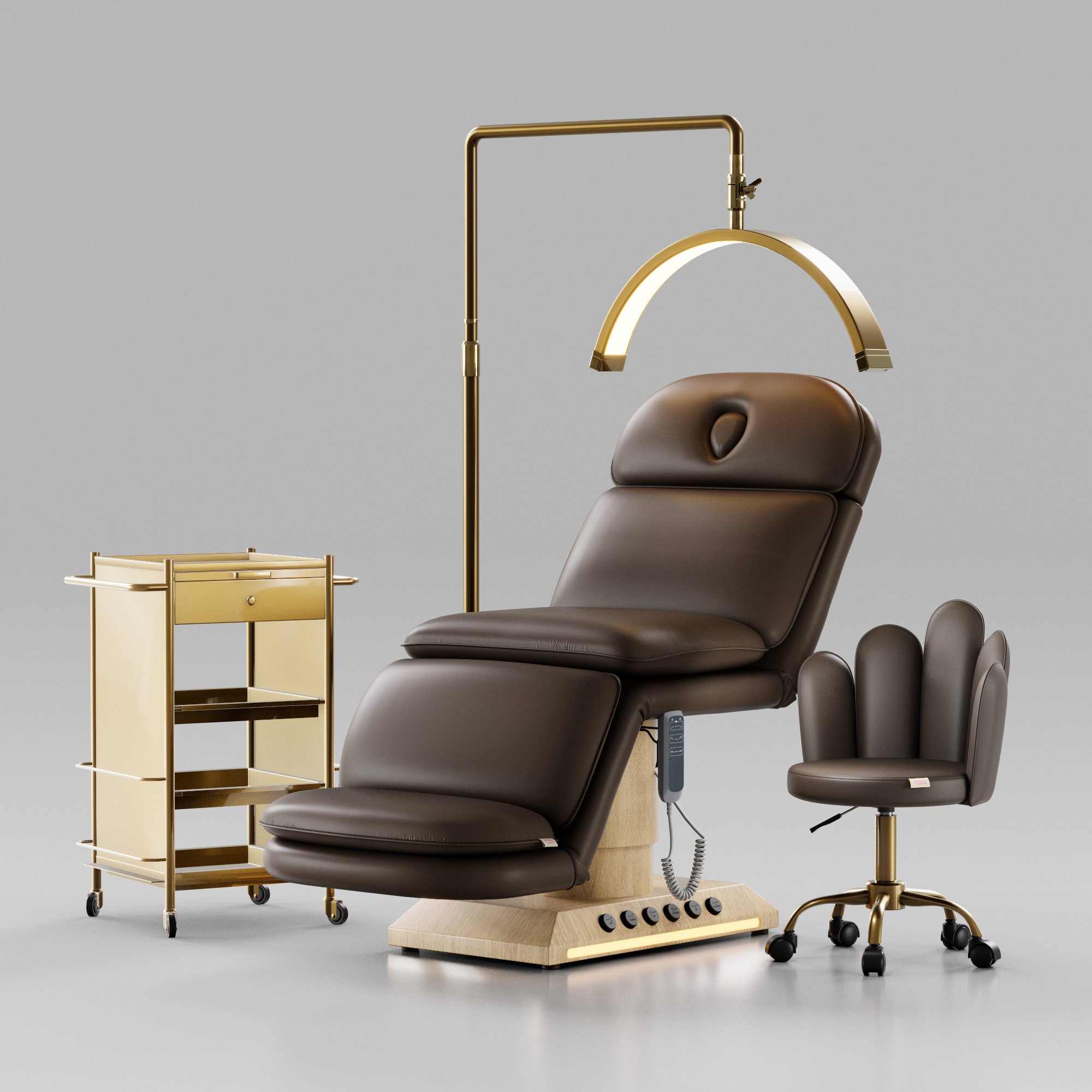 luxury salon furniture with oak base, luxury beauty bed in mocha brown.