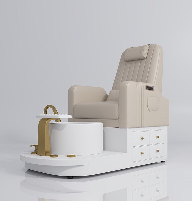 beige pedicure station with gold and draws