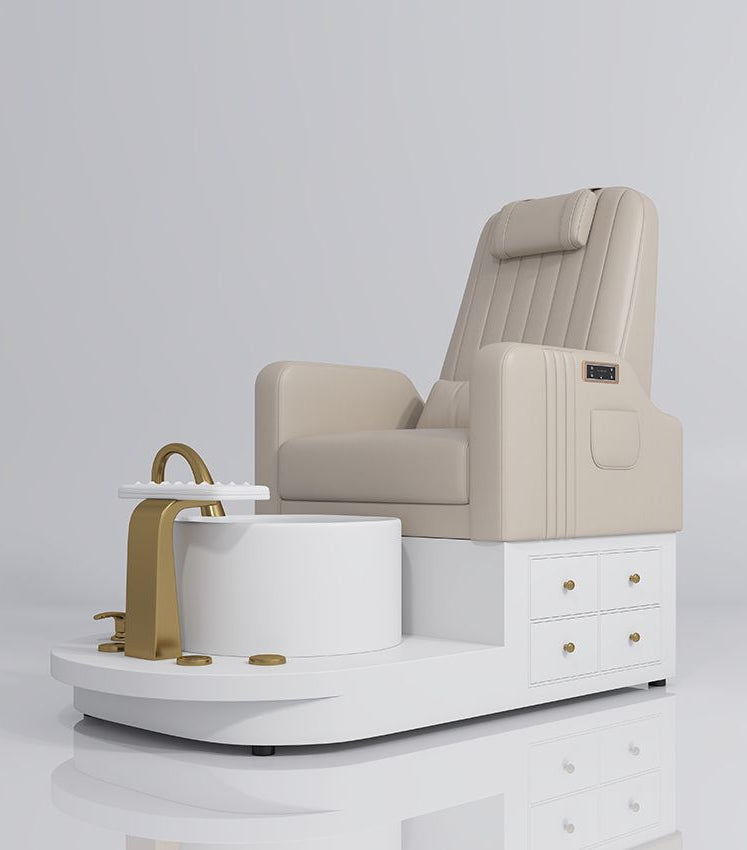 beige pedicure station with gold and draws