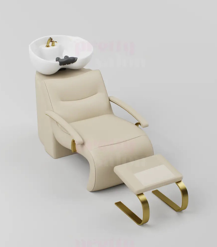 Nude and gold hairbasin with white sink and footrest