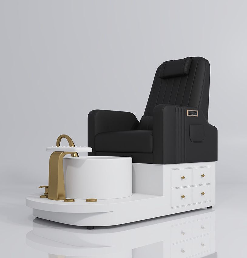 black pedicure station with gold and draws