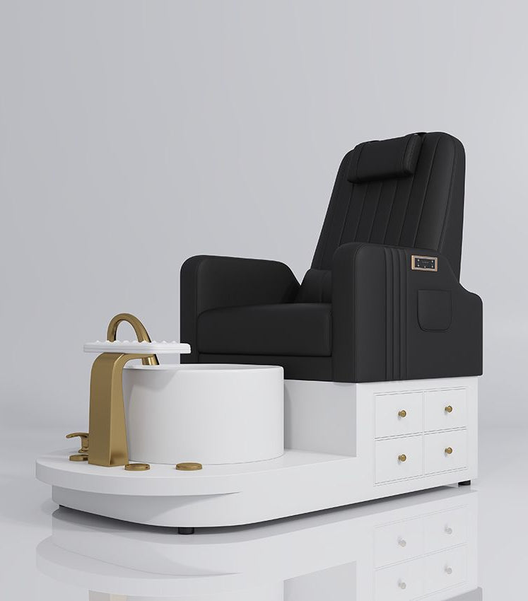 black pedicure station with gold and draws