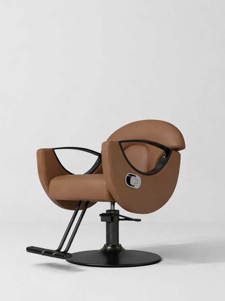 brown leather hair chair with black circle base for salons