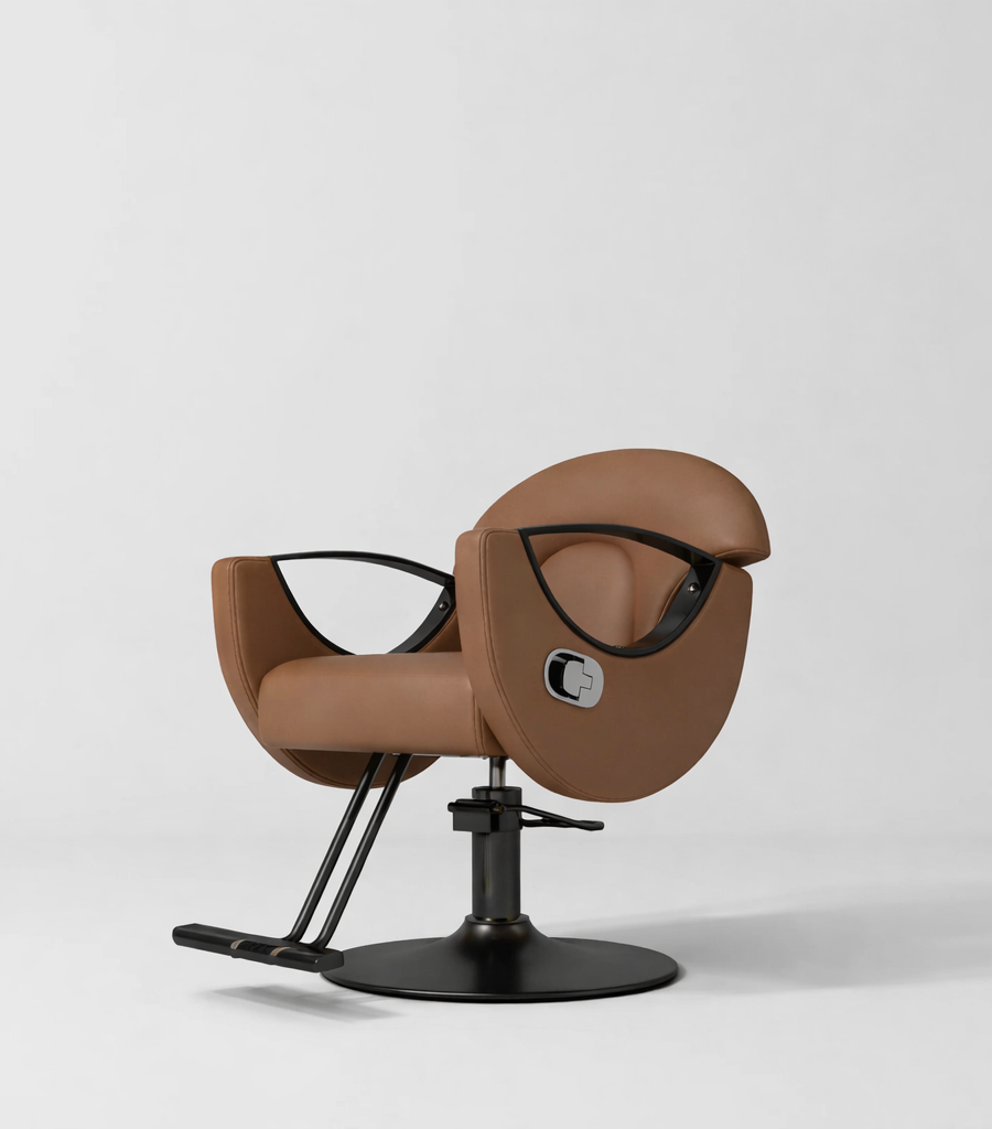 brown leather hair chair with black circle base for salons