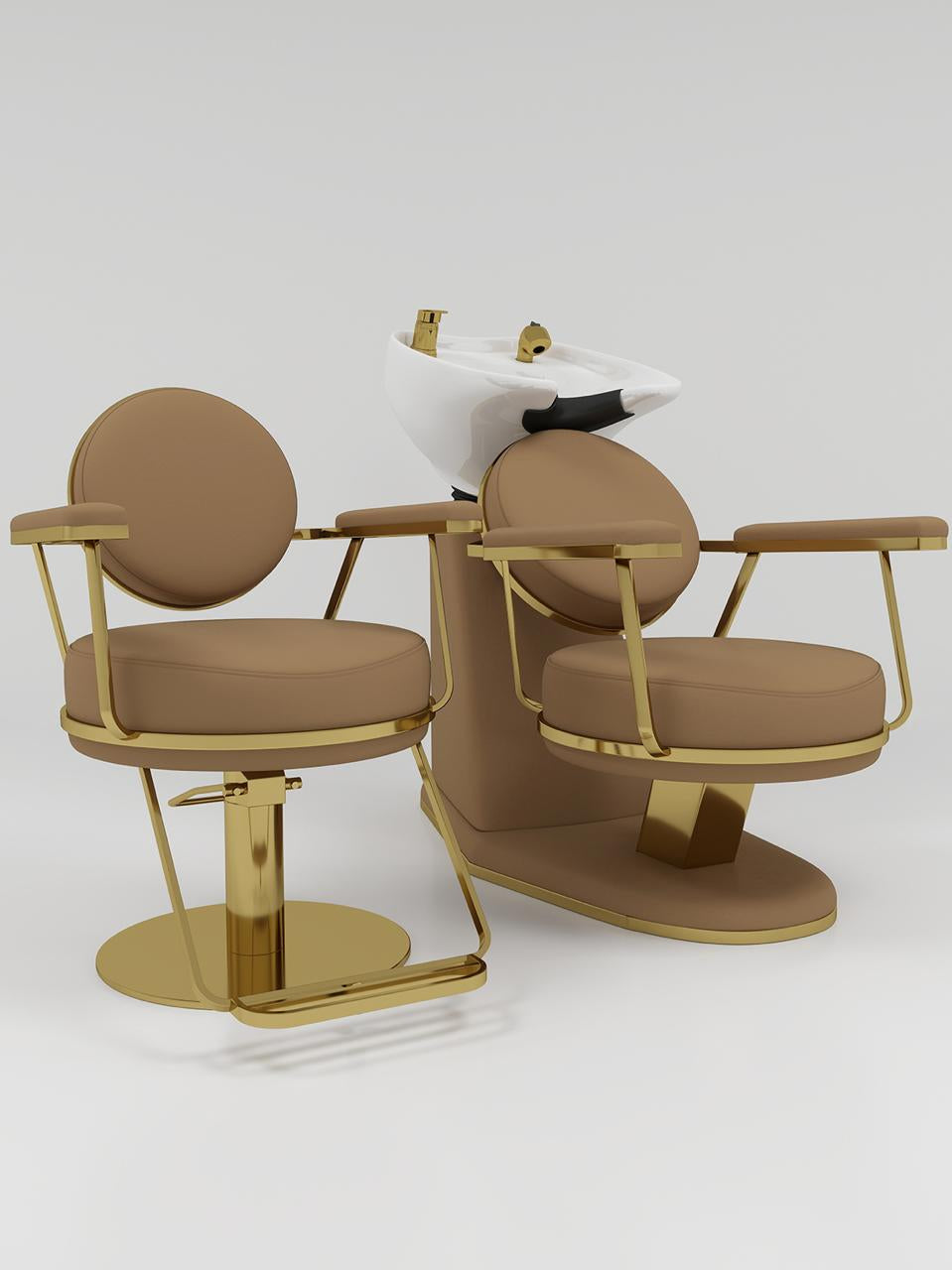 brown & gold circle back hair styling chair and backwash in leather and stainelss steel
