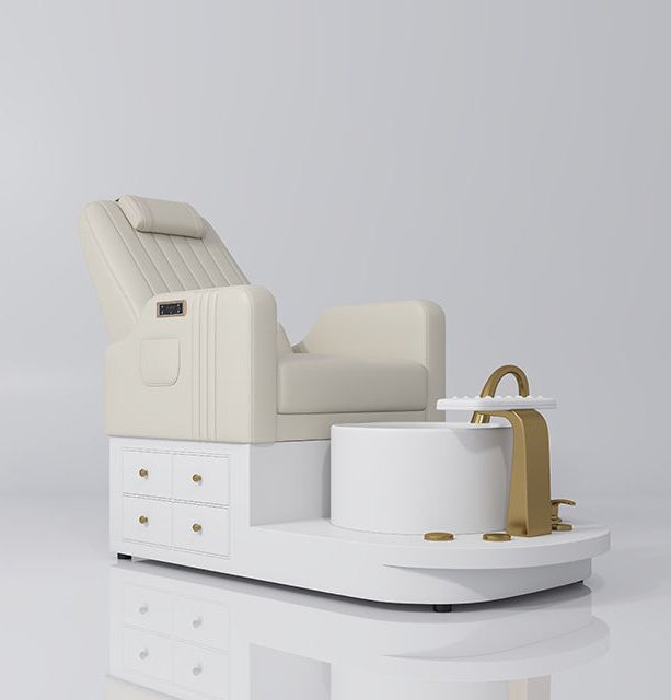 cream pedicure station with gold and draws