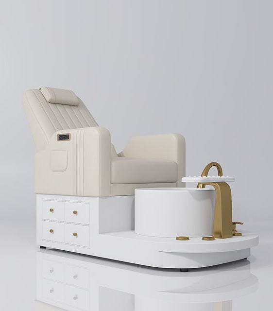 cream pedicure station with gold and draws