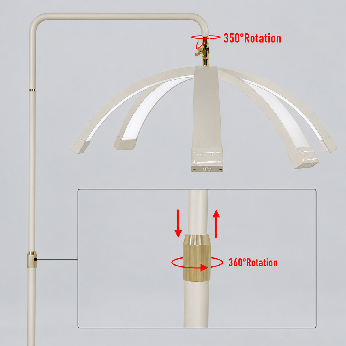 Close-up of the Nude Lunara Moonlight Pro demonstrating 350-degree rotating light head and 360-degree adjustable height mechanism.