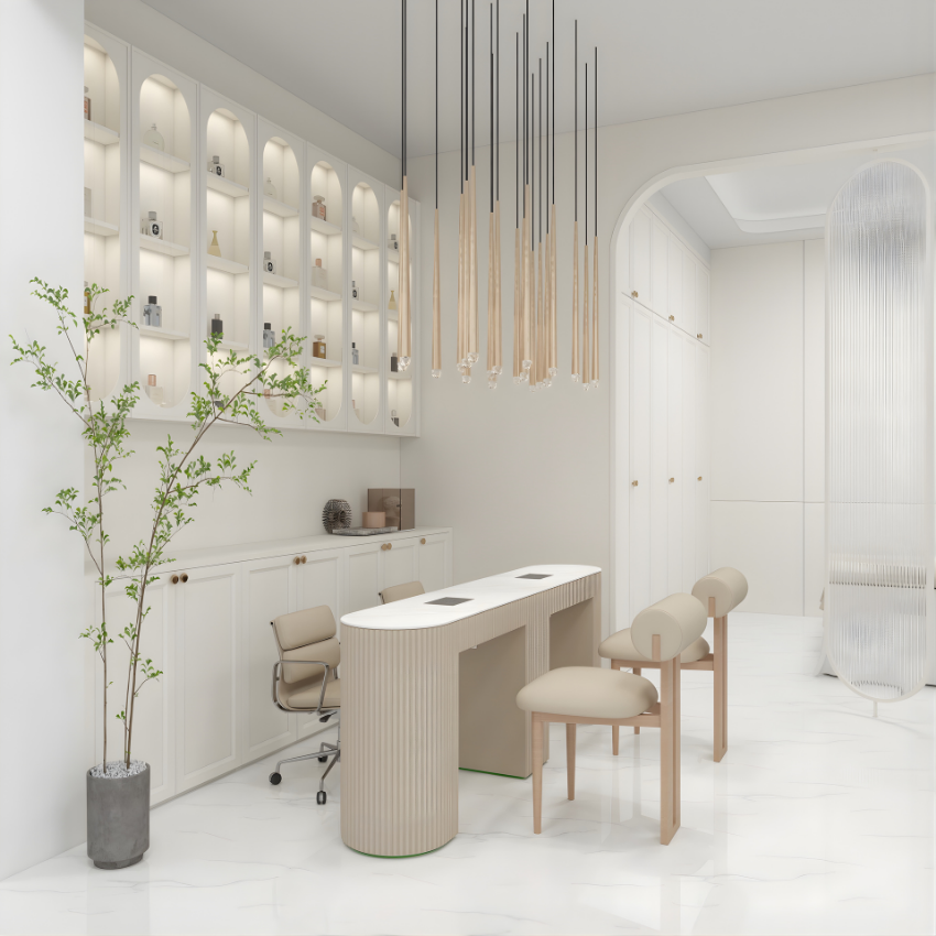 nude doubel seater desk with small chairs and stools