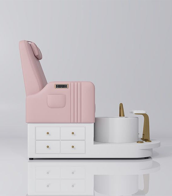 pink pedicure station with gold and draws