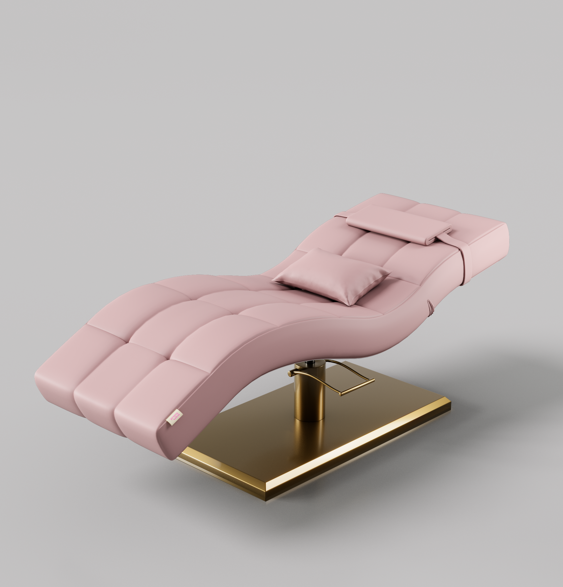 Pink leather beauty bed with gold rectangle base with pump