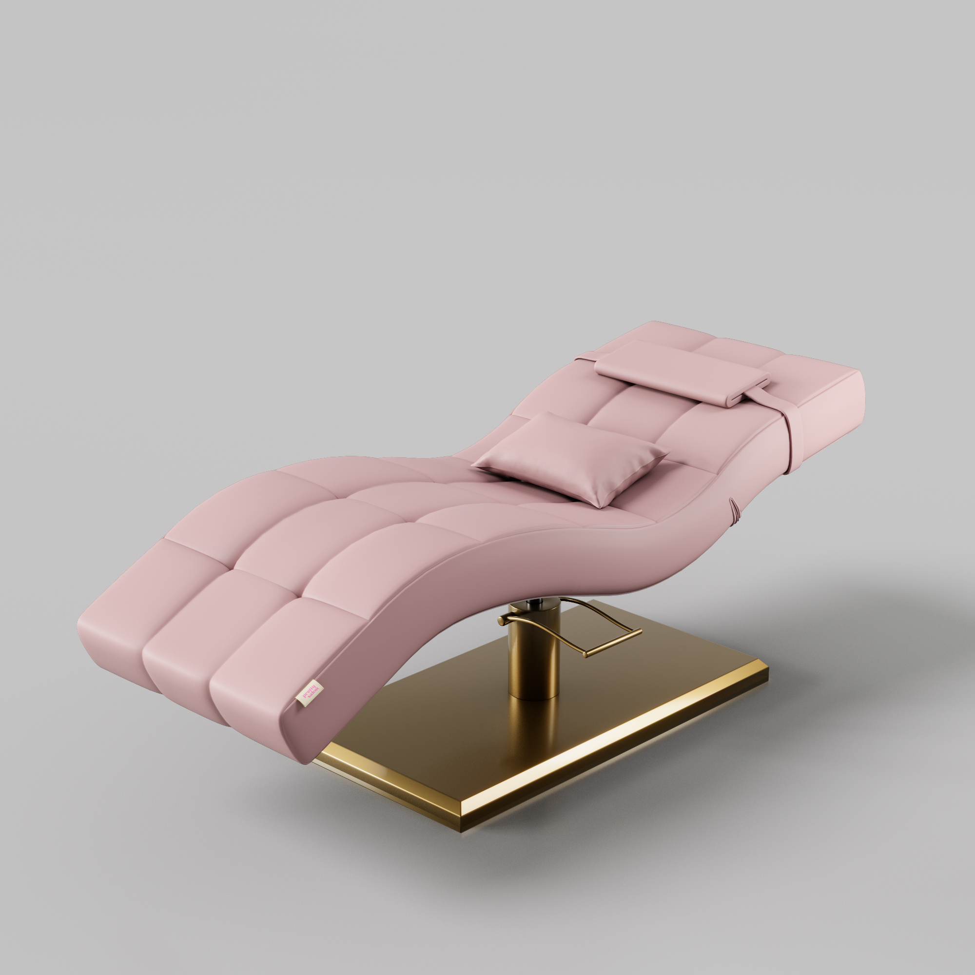 Pink leather beauty bed with gold rectangle base with pump