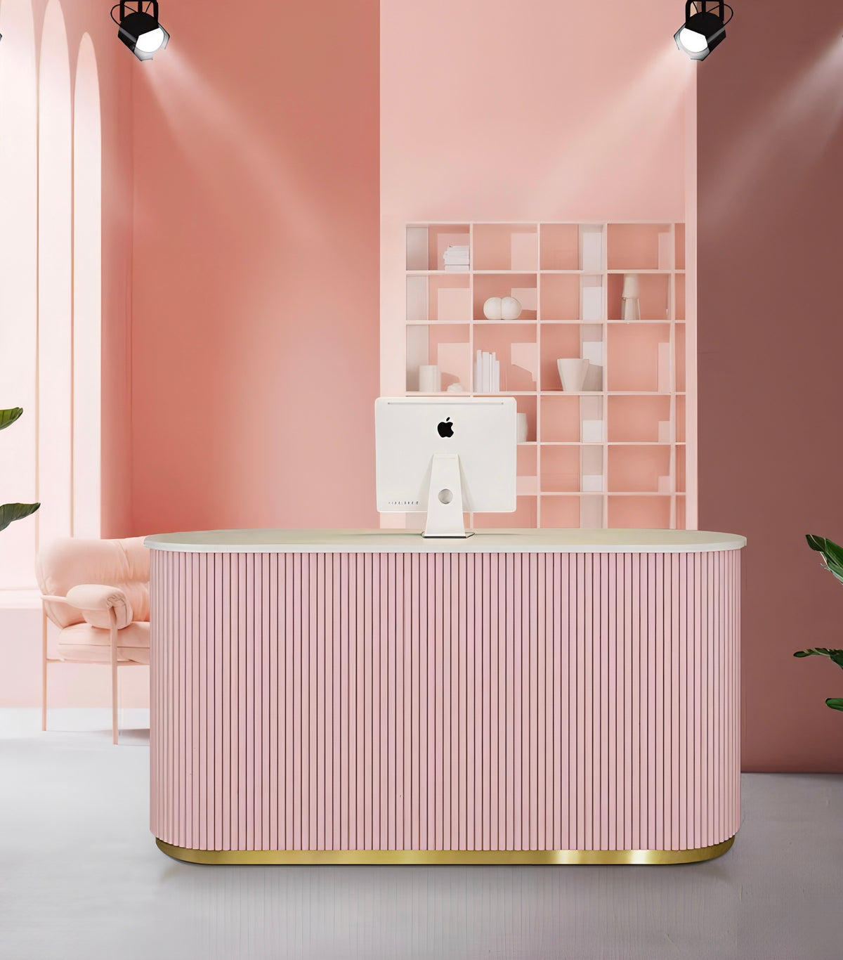 pink panelled reception desk