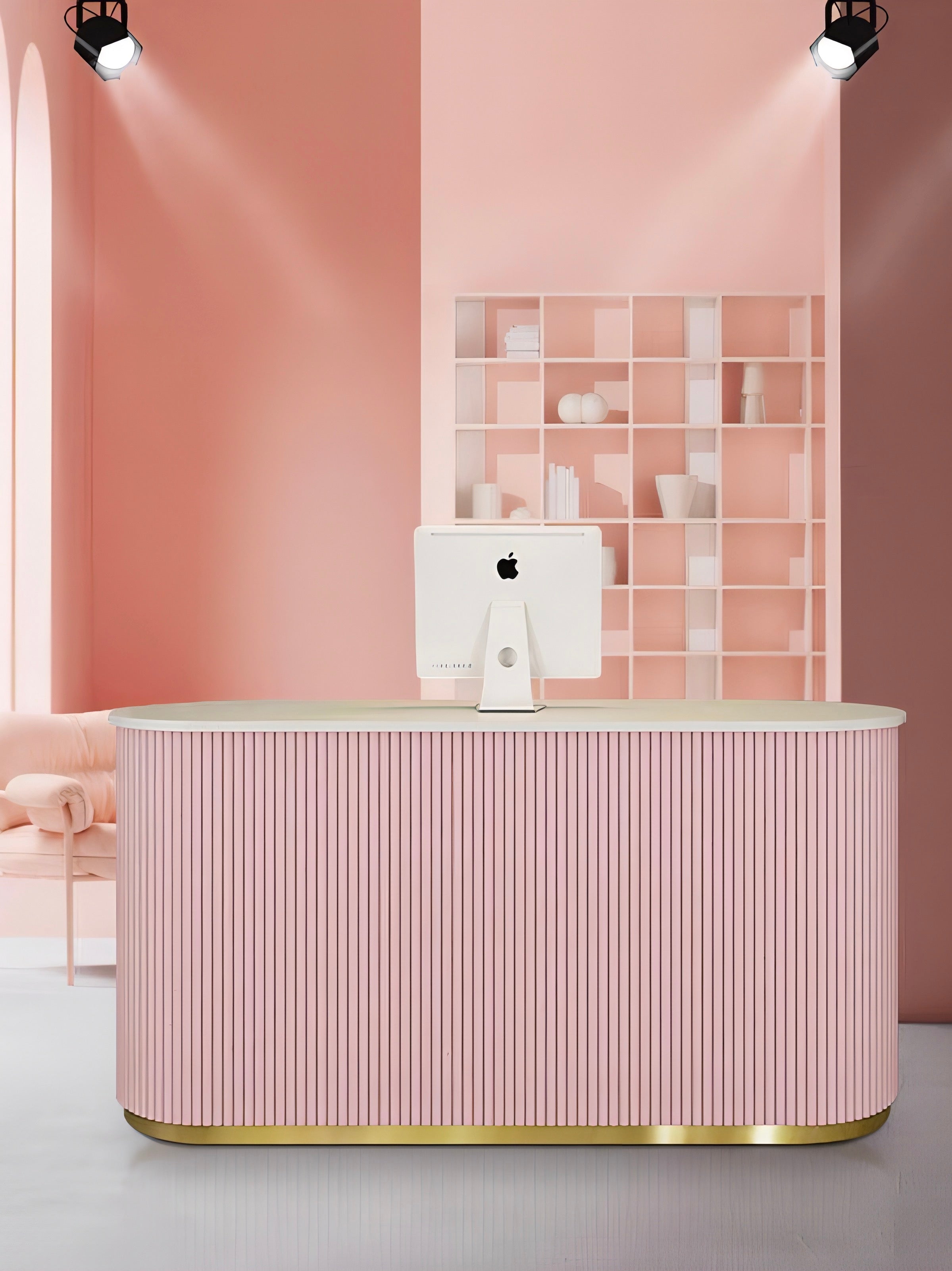 pink panelled reception desk