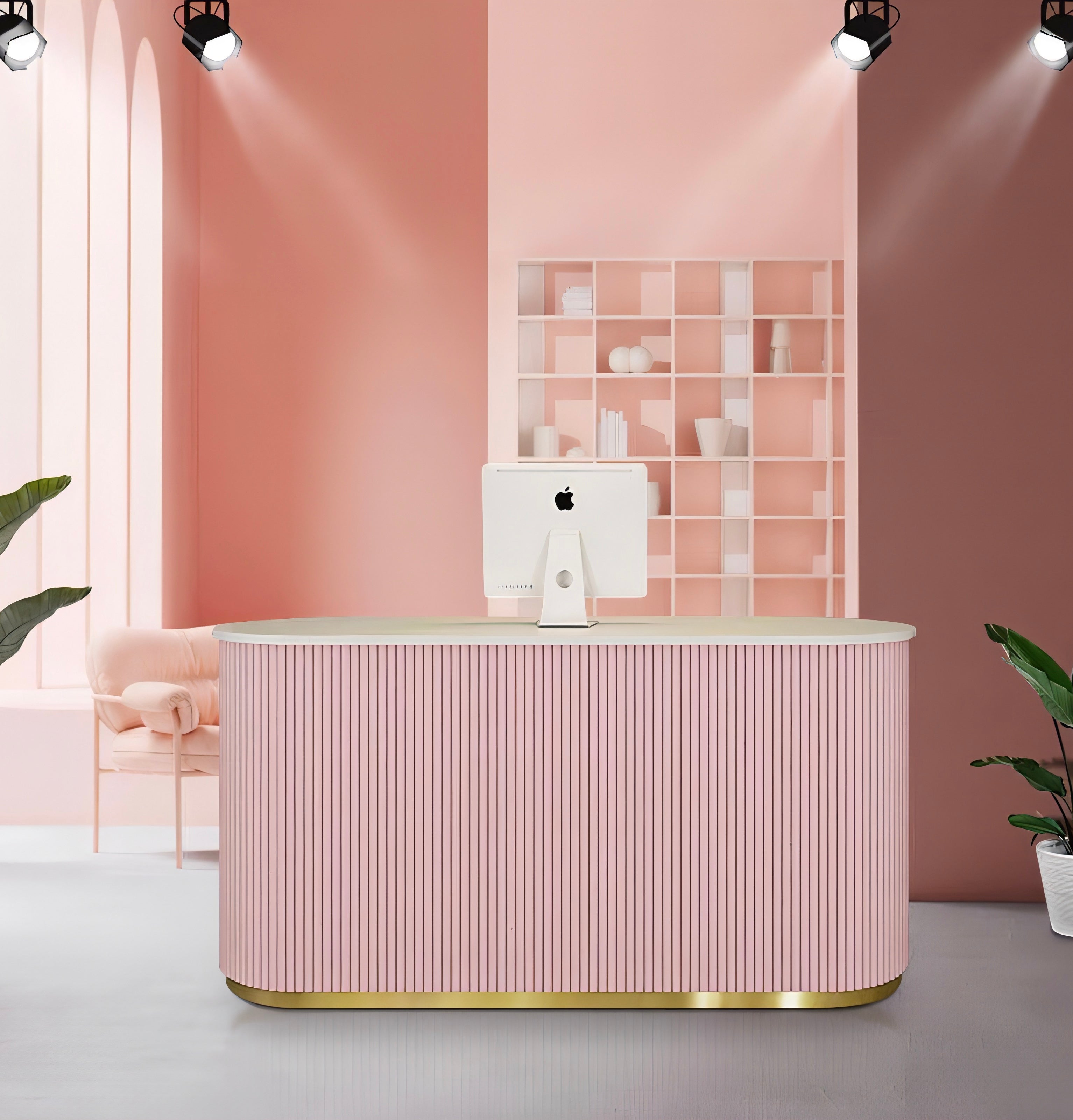 pink panelled reception desk