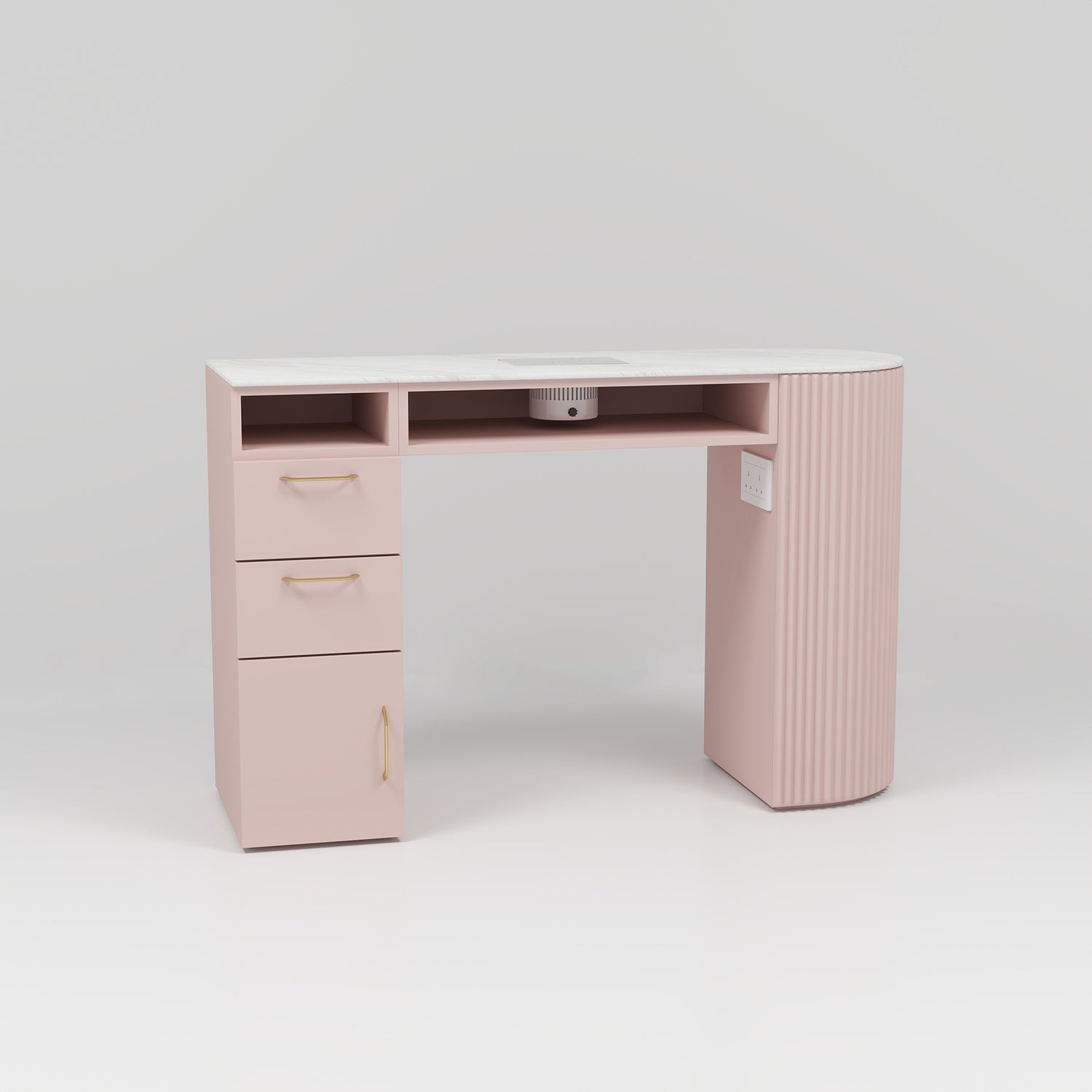 pink nail desk with white top and draws including extractor fan