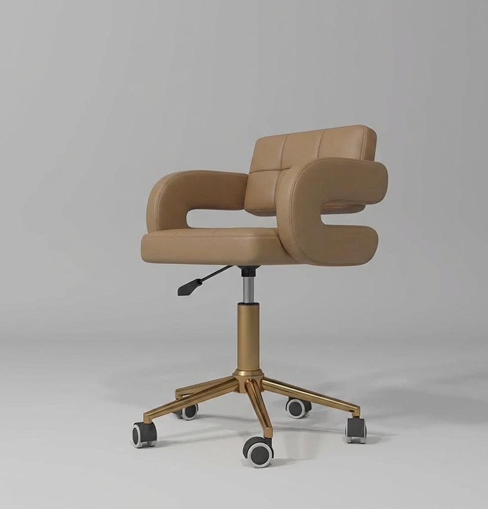 Brown leather stool on wheels that is height-adjustable