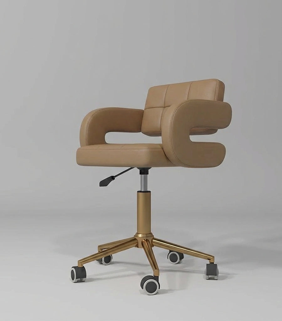 Brown leather stool on wheels that is height-adjustable
