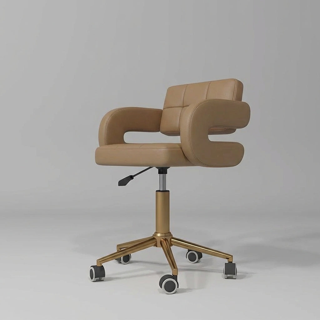 Brown leather stool on wheels that is height-adjustable