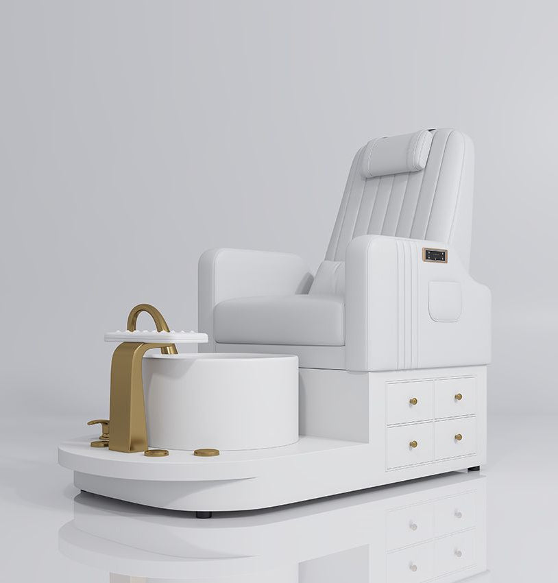 white pedicure station with gold and draws