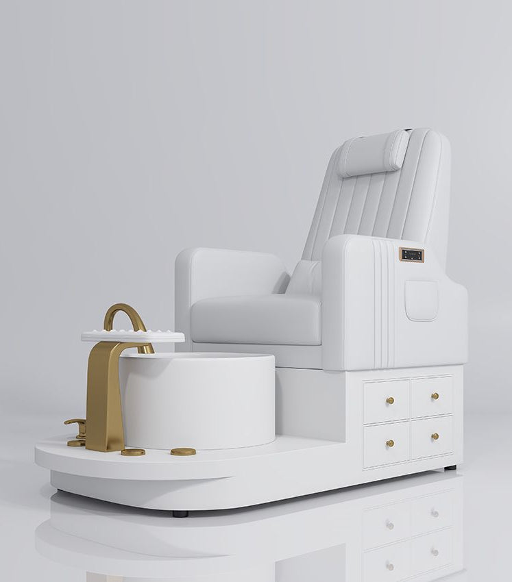 white pedicure station with gold and draws