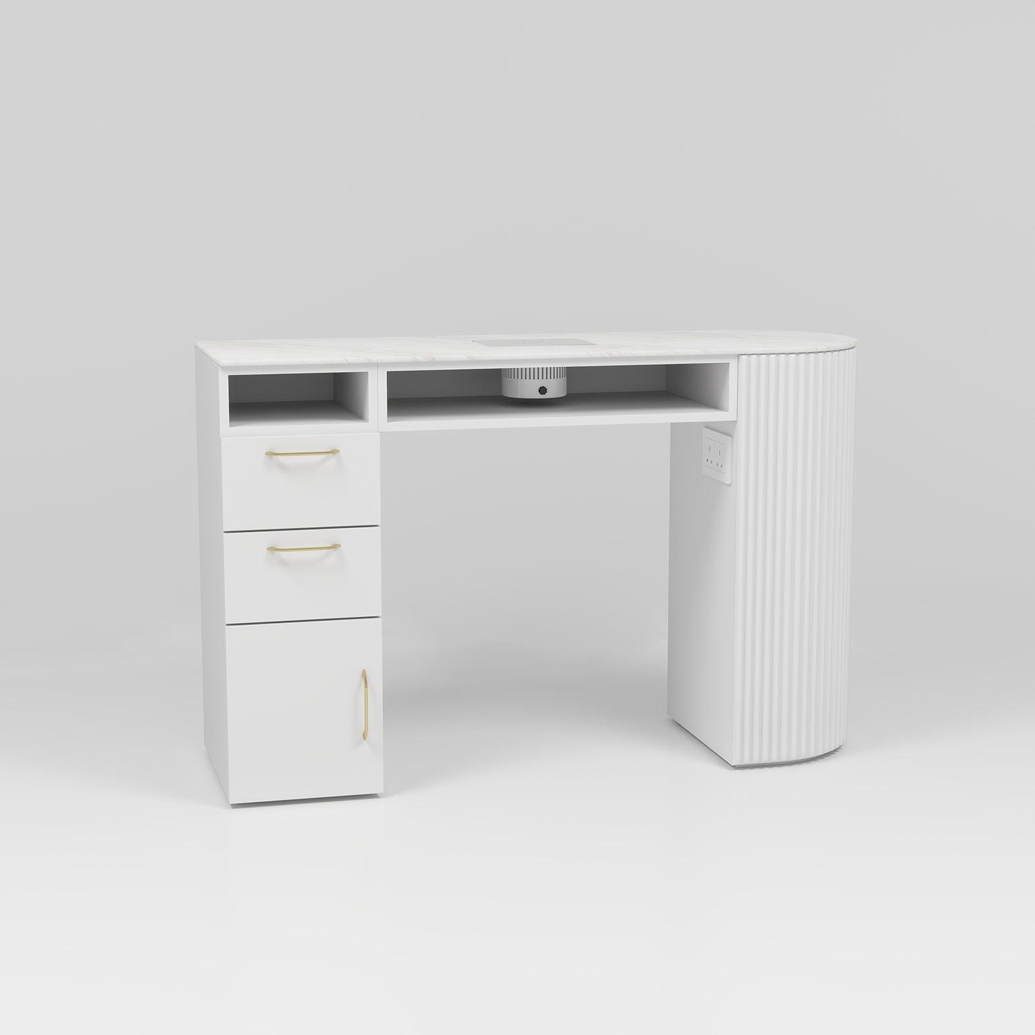 white nail desk with draws and extractor fan and faux marble top