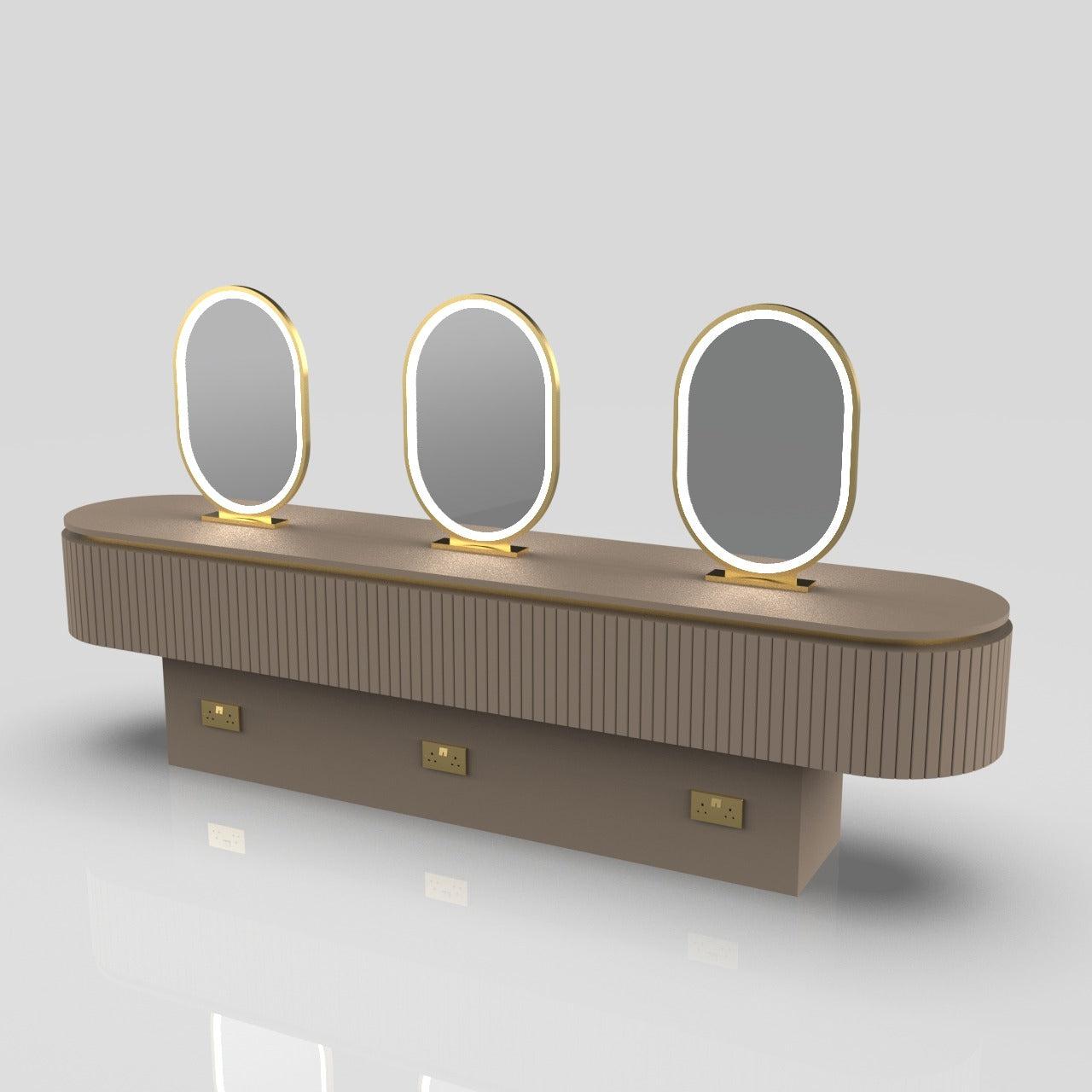 Soft brown and gold hairstyling unit with gold trim and mirrors