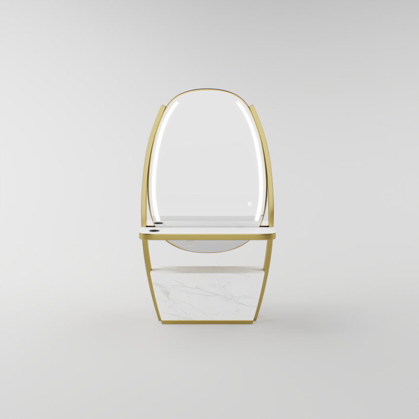 Standing mirror featuring cold and warm LED lighting, stainless steel construction, and a sintered stone worktop.