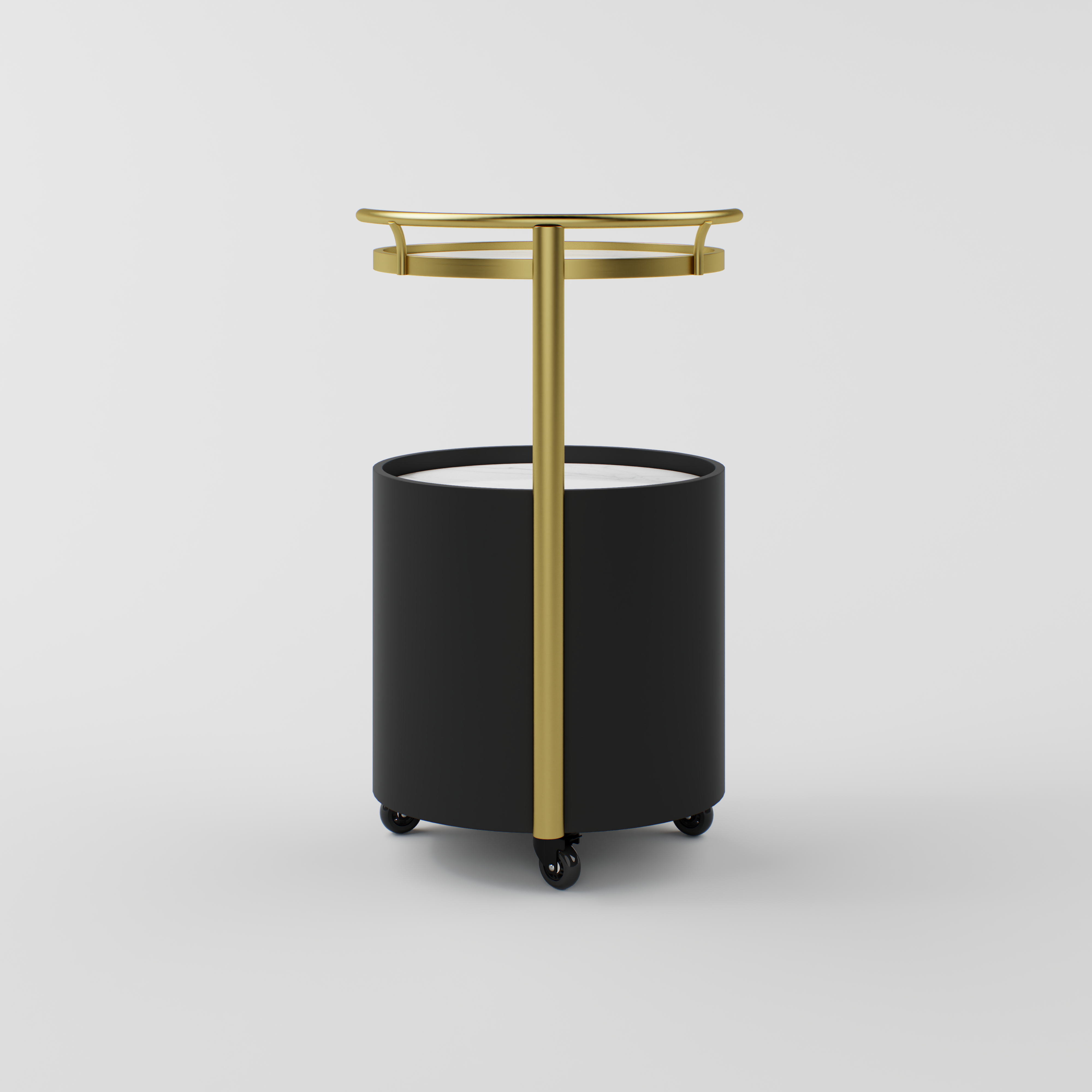 Black and gold beauty trolley with stoving varnish craftsmanship and removable wheels.