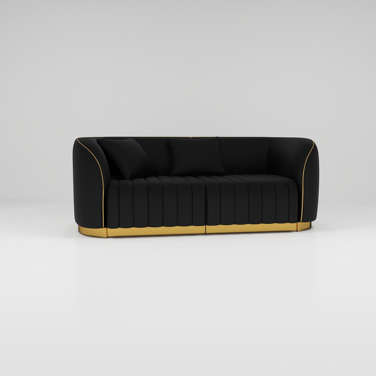 Black leather sofa with gold trim