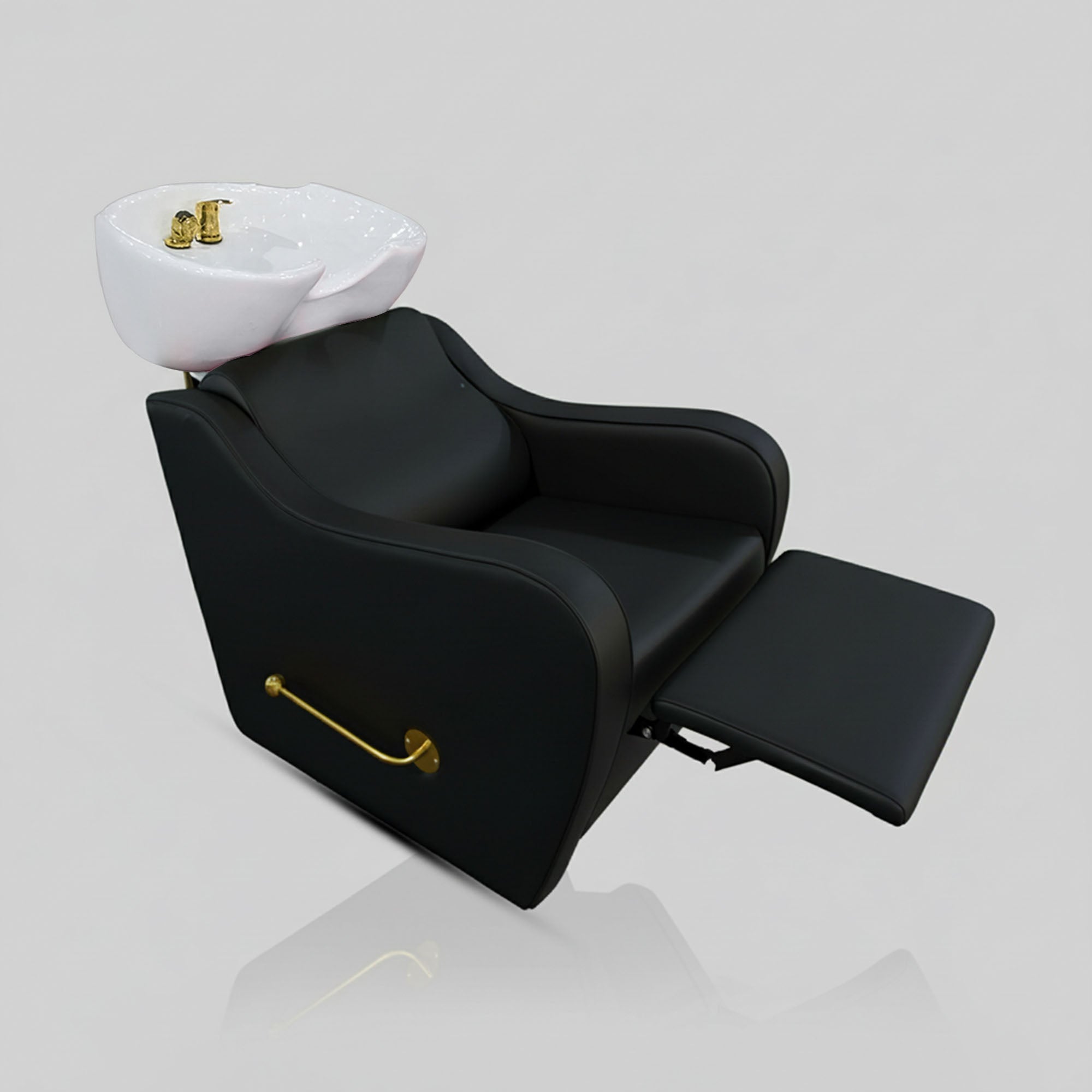 Hairdressing Shampoo Chair In Black Leather and Gold Reclining Handle 