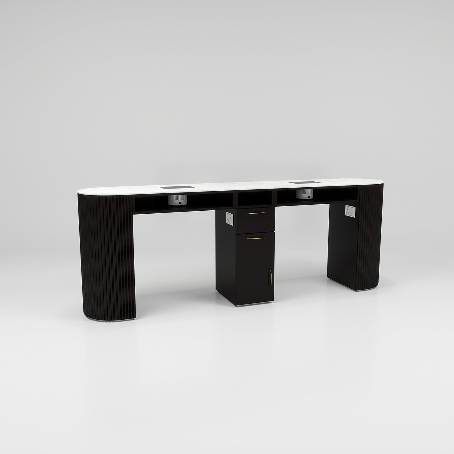 Curved Black Nail Station with Plugs and Gold Handles