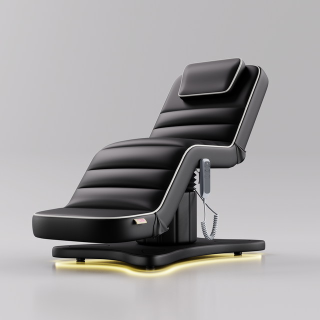 Black electric beauty bed with cream piping and adjustable reclining positions